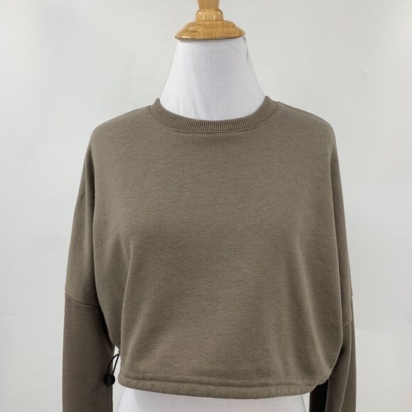 Superdown Top Womens XS Extra Small Taupe Drop Shoulder Cropped Boxy Bungee Hem - Picture 3 of 12